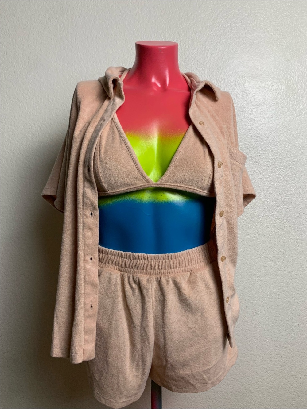 3-Piece Terry Cloth Lounge Set Small | Halter Bralette Shorts Button-Up Coverup